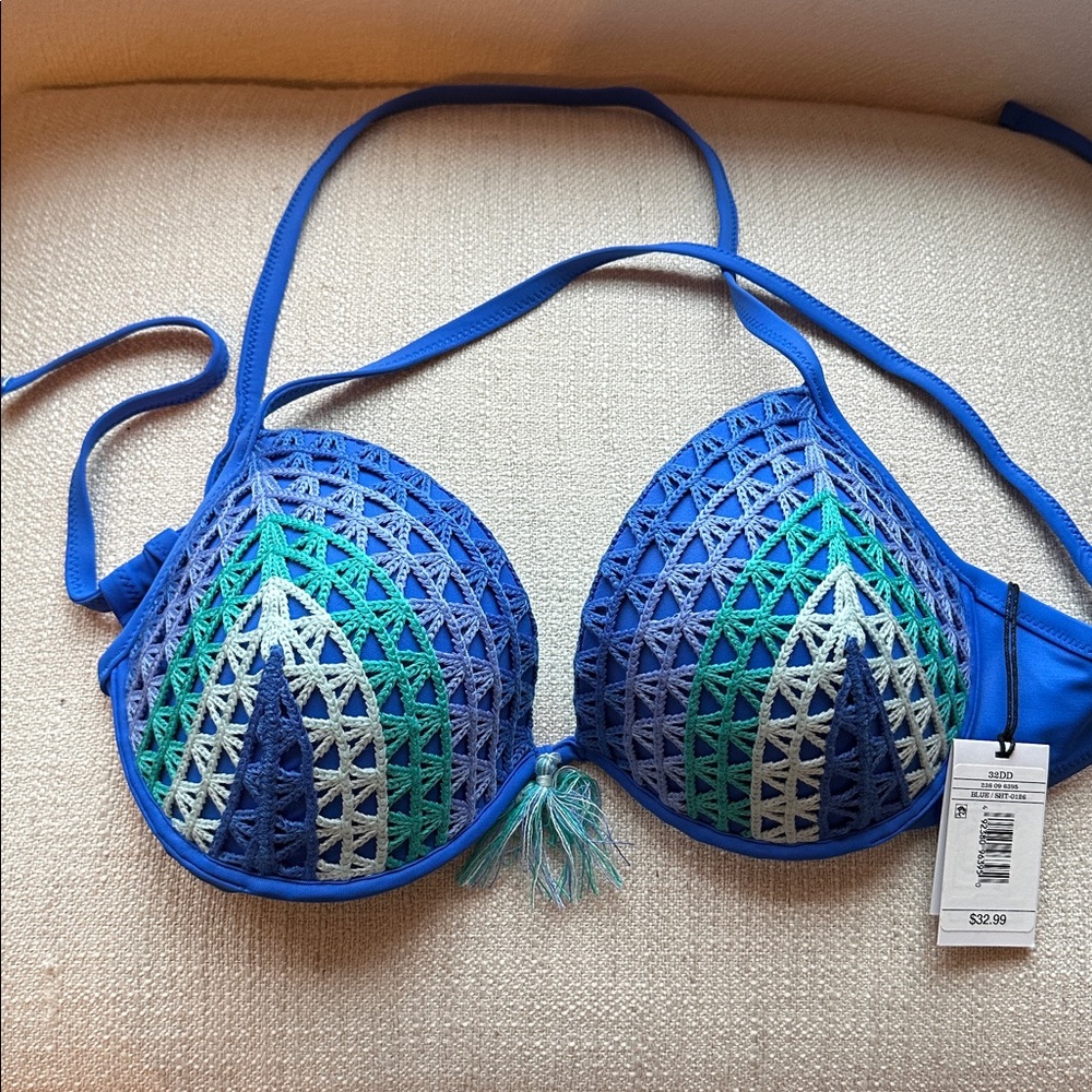 Shade & Shore Blue, Green & White Crochet Bikini Top